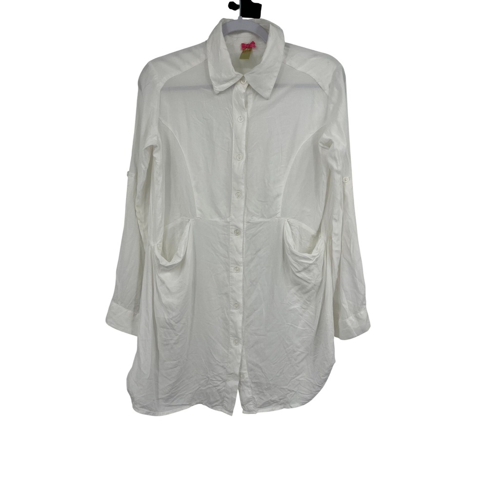 Downeast Womens White Button Down Roll Tab Sleeve Tunic Shirt Draped Pockets M